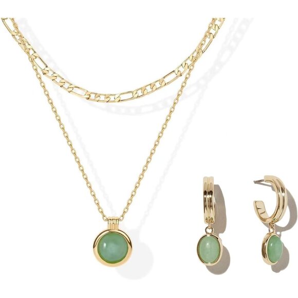 Jewelry - Simple Natural Green Aventurine Stone Jewelry Set for Women,Hoop Earrings,Bracel